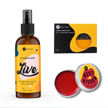 Combo Xịt kháng khuẩn BareSoul LIVE 100ml + Xà phòng Herbal Scrub & Soap 100g + Son dưỡng có màu Lip Tint & Cheek 10g