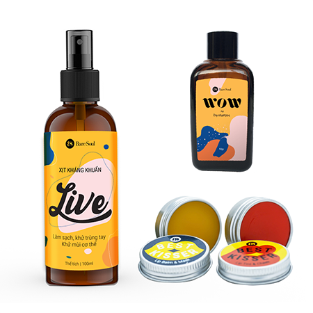 Combo Xịt kháng khuẩn LIVE 100ml + Dầu gội khô BareSoul Wow Dry Shampoo 50g + Bộ đôi son dưỡng Best Kisser Lip Set 2x10g