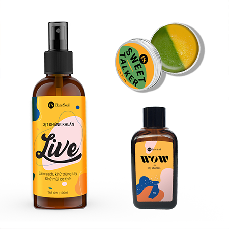 Combo Xịt kháng khuẩn LIVE 100ml+Dầu gội khô BareSoul Wow Dry Shampoo 50g+Tẩy tế bào chết môi Sweet Talker Lip Scrub 20g