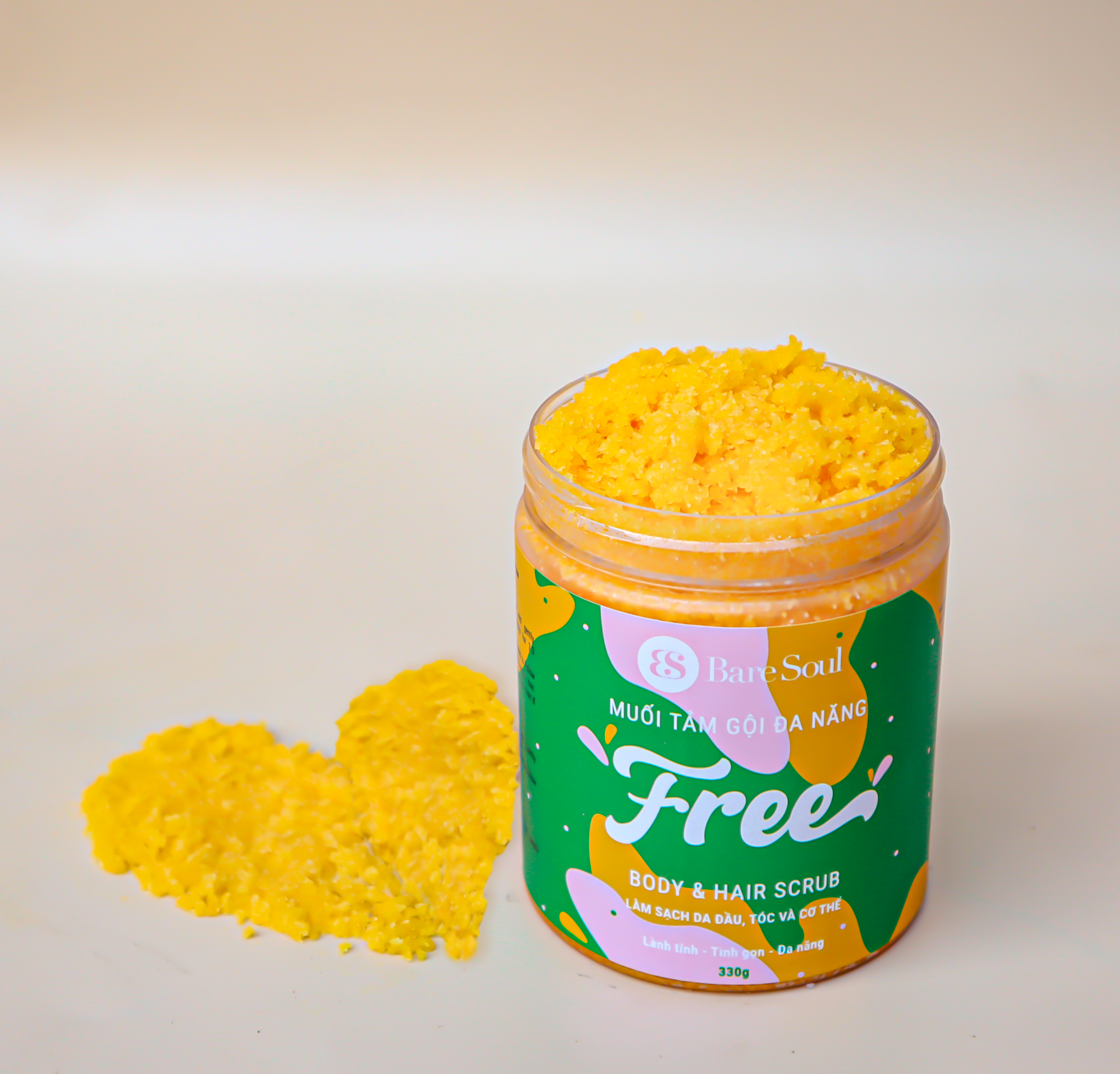 Muối tắm gội tẩy tế bào chết cơ thể và tẩy tế bào chết da dầu BareSoul FREE Body & Hair Scrub 330g