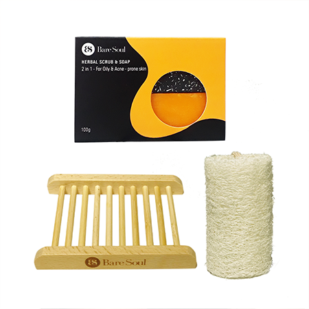Combo bánh xà phòng giảm mụnBareSoul Herbal Scrub & Soap 100g + Giá gỗ đựng xà phòng + Xơ mướp thiên nhiên