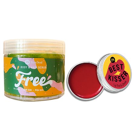 Combo Muối tắm gội BareSoul Free Body & Hair Scrub 300g + Son dưỡng có màu Best Kisser Lip Tint & Cheek 10g