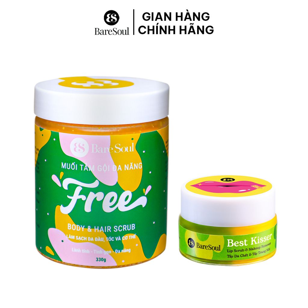 Combo Muối tắm gội BareSoul Free Body & Hair Scrub 330g + Tẩy tế bào chết môi BareSoul Best Kisser Lip Scrub 20g