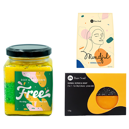 Combo muối tắm Baresoul Free Body & Hair Scrub 300g + Bánh xà phòng Herbal Scrub & Soap giảm mụn và thâm cơ thể 100g +Túi thảo mộc đa năng Mindful Herbal Bag 3x20g