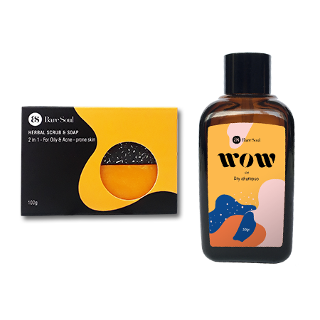 Combo bánh xà phòng BareSoul Herbal Scrub & Soap giảm mụn và thâm cơ thể 100g + Dầu gội khô WOW Dry Shampoo 50g