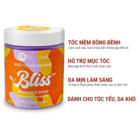  Muối tắm gội tẩy tế bào chết da đầu và cơ thể chứa AHA BareSoul BLISS Body & Hair Scrub 330g 