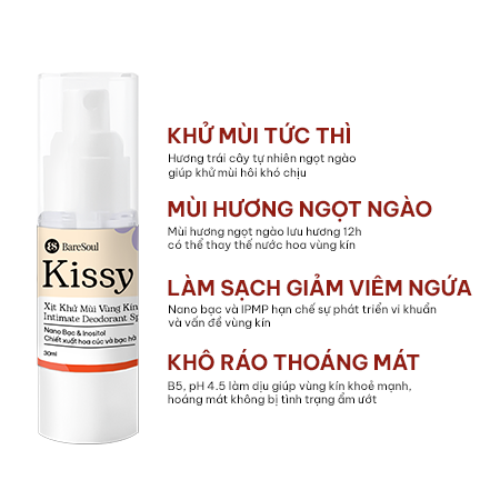  Xịt Khử Mùi & Vệ Sinh Vùng Kín BareSoul Kissy Intimate Deodorant & Hygiene Spray 30ml 