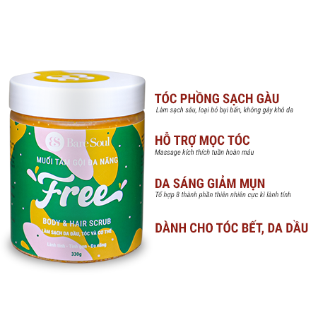 Muối tắm gội tẩy tế bào chết cơ thể và tẩy tế bào chết da dầu BareSoul FREE Body & Hair Scrub 330g