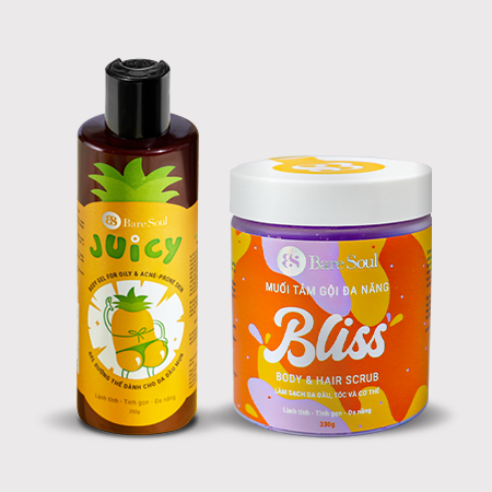  Combo chăm sóc cơ thể Gel dưỡng thể cho da dầu, mụn BareSoul Body Gel Juicy 250g + BLISS Body & Hair Scrub 330g 