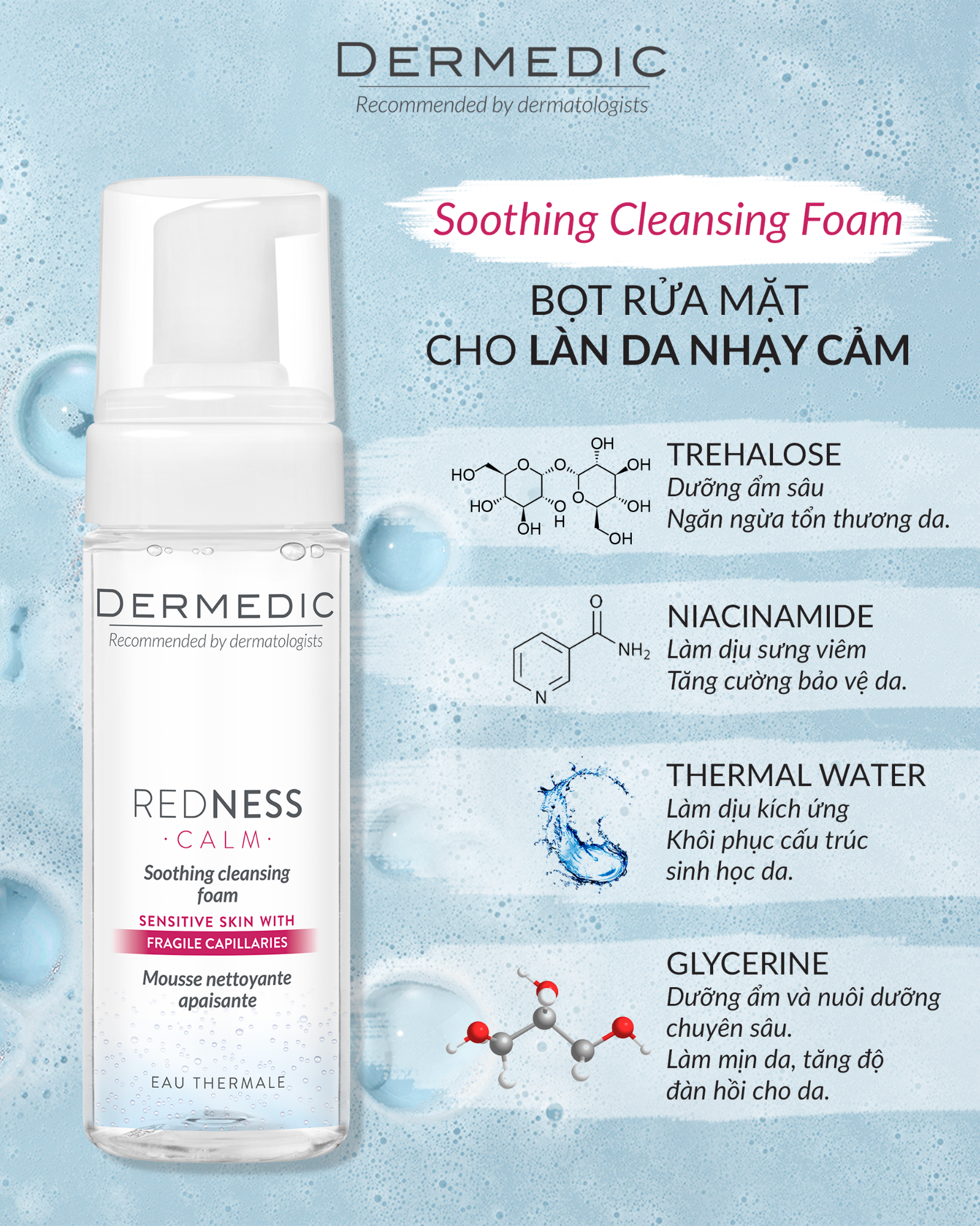  Bọt rửa mặt dành cho da nhạy cảm dễ kích ứng Dermedic Redness Calm Soothing cleansing foam 170ml 