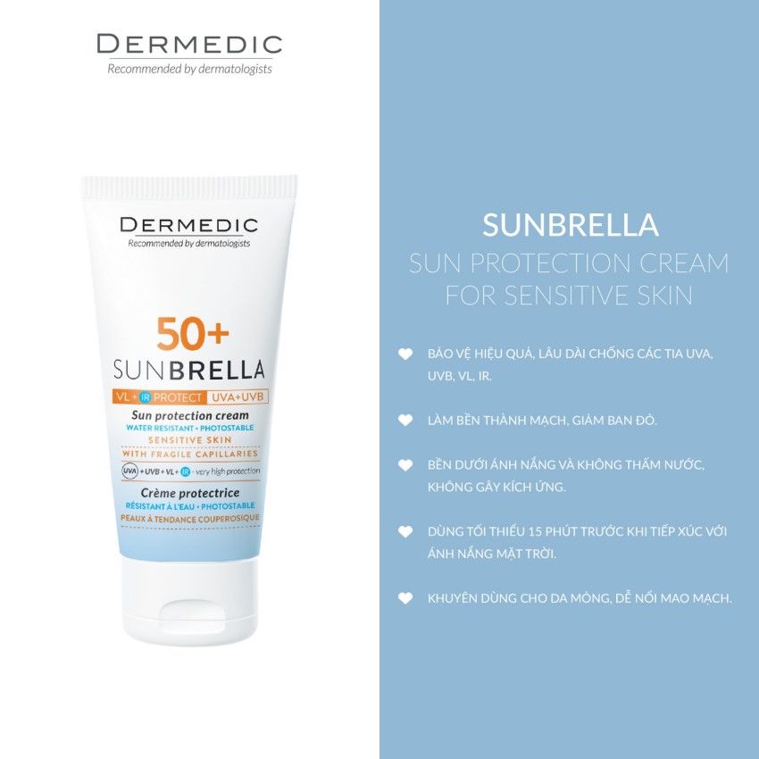 Kem chống nắng cho da nhiễm corticoid SUNBRELLA SPF50+ Sun Protection Cream Skin With Fragile Capillaries Dermedic