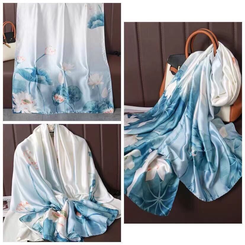 Khăn Lụa Họa Tiết Hoa Sen Nền Xanh Nhạt - Kích thước 180 * 90cm