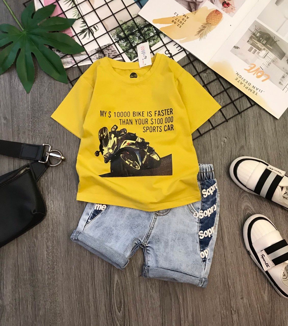 Set jean lửng moto bé trai