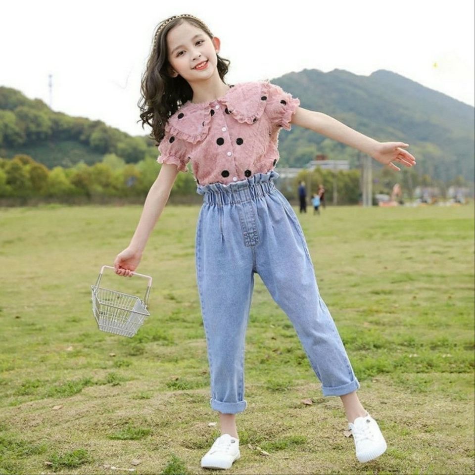 Set áo sơ mi chấm bi quần jean lửng