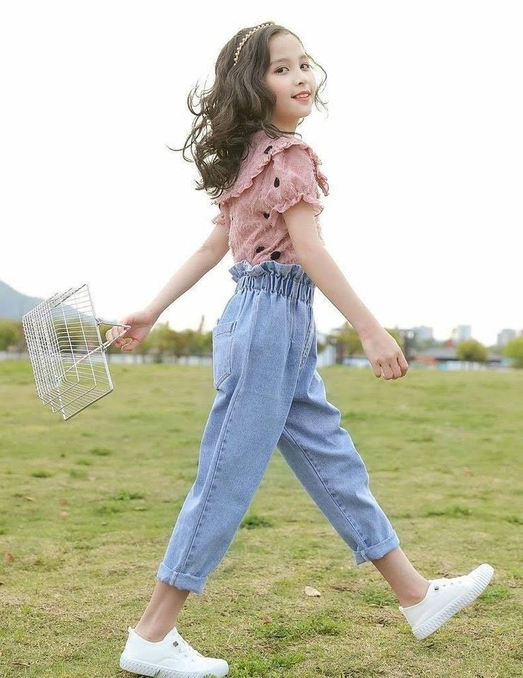 Set áo sơ mi chấm bi quần jean lửng