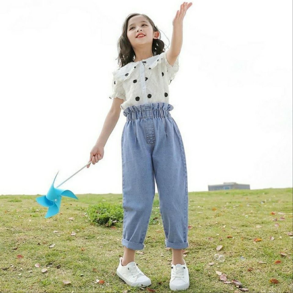 Set áo sơ mi chấm bi quần jean lửng