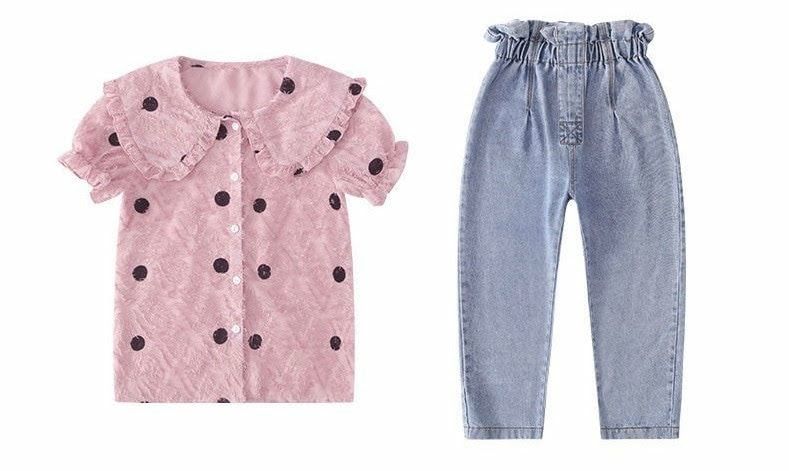 Set áo sơ mi chấm bi quần jean lửng