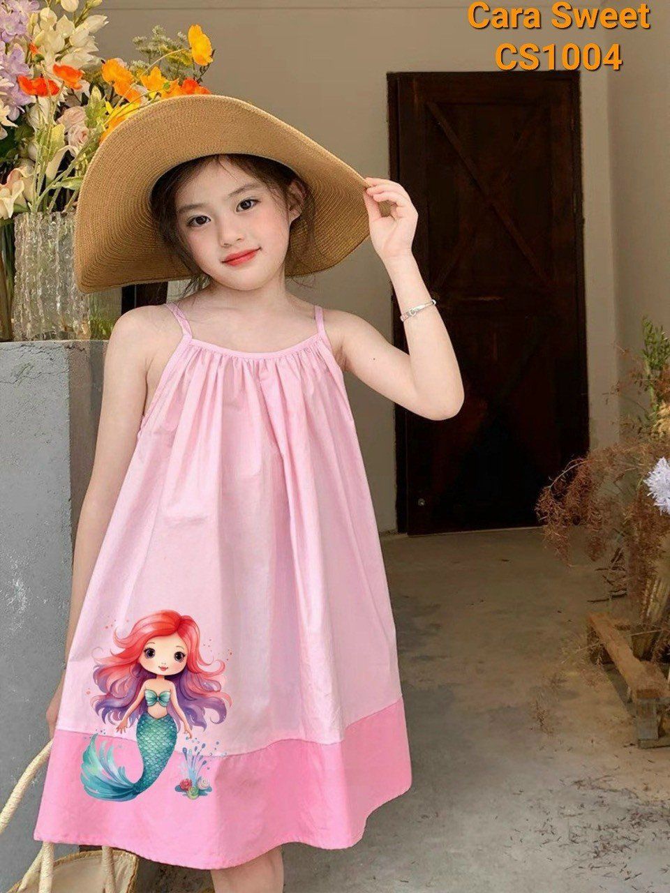Đầm 2 dây bé gái mặc đi biển in hình nàng tiên cá siêu dễ thương