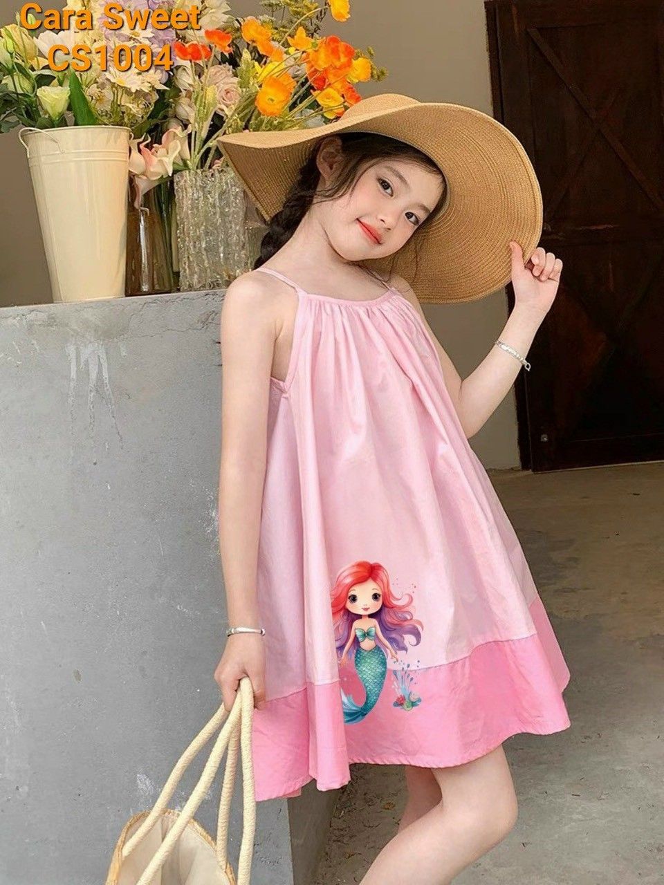 Đầm 2 dây bé gái mặc đi biển in hình nàng tiên cá siêu dễ thương