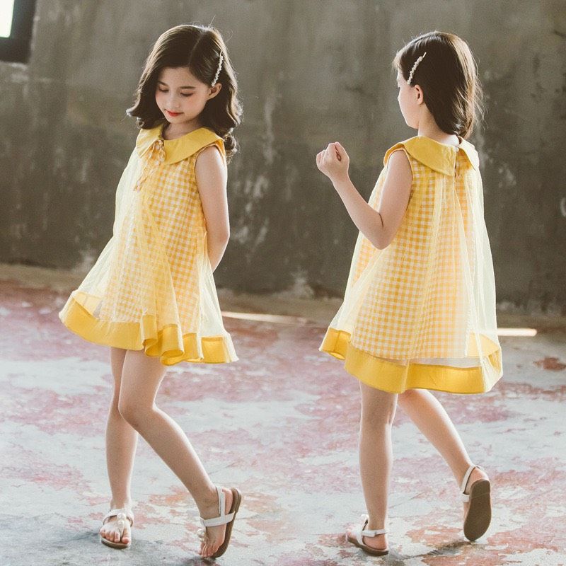 Đầm caro phối ren bé gái