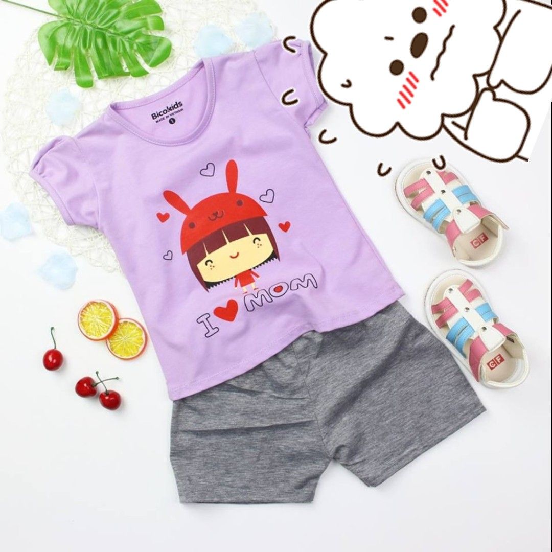 Bộ thun ngắn bé gái nón đỏ