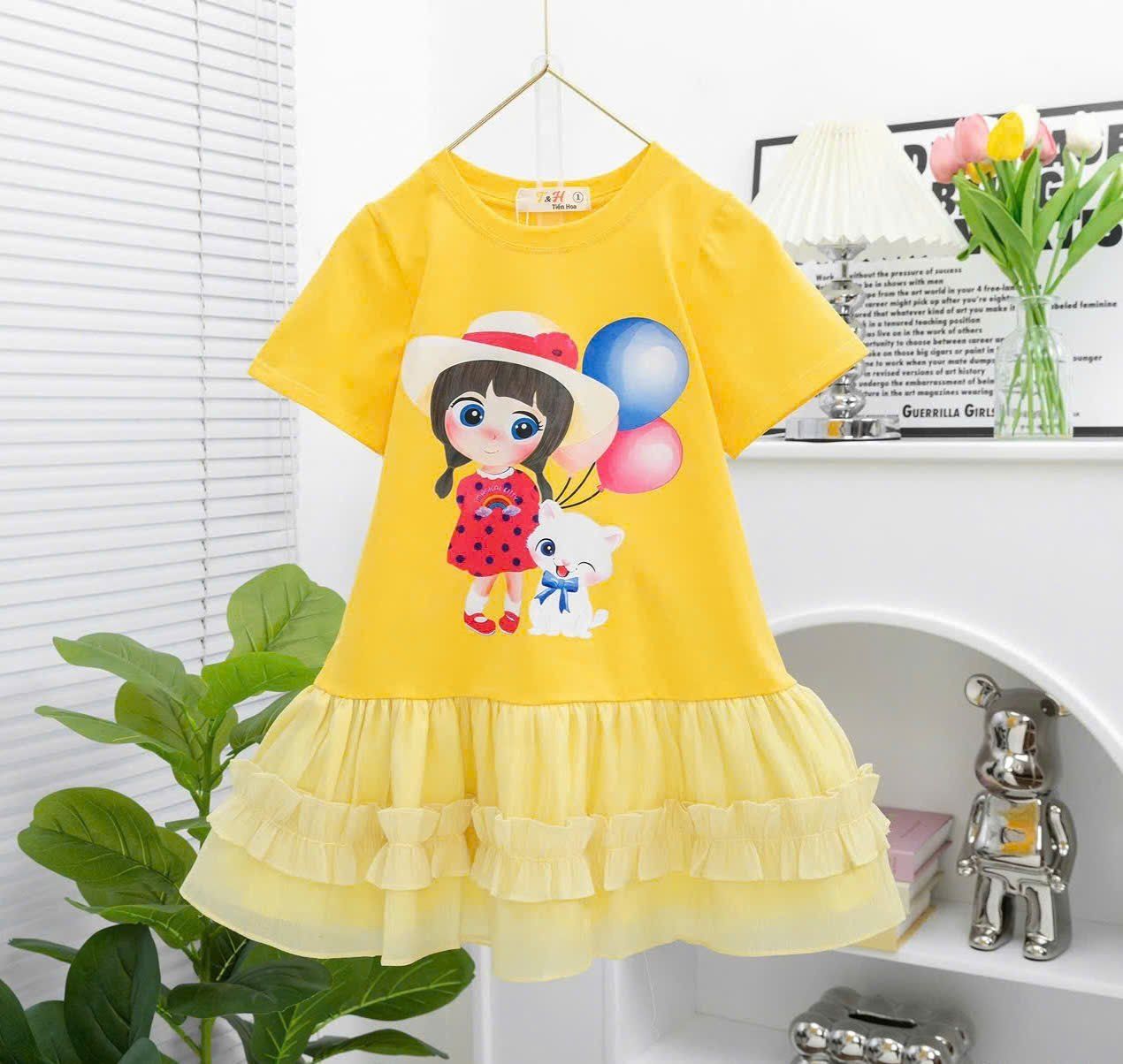 D36 _ Đầm thun bé gái phối voan nhúng bèo họa tiết cô gái cầm bong bóng đáng yêu _ Beekids