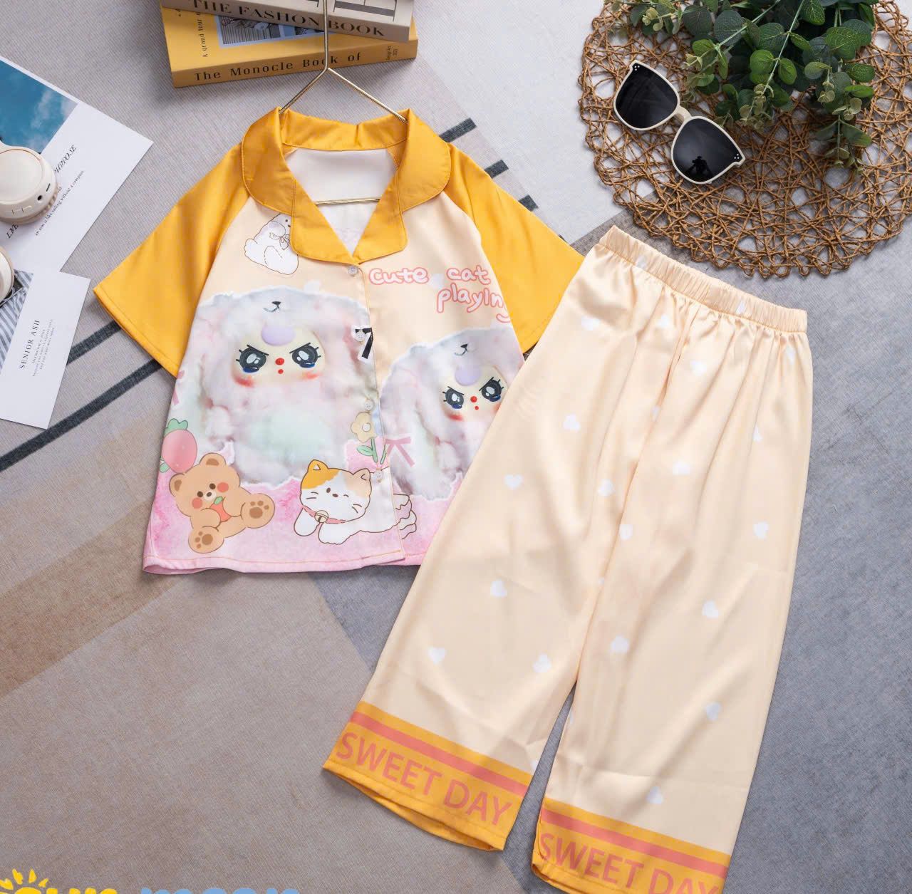 DB19 _ Bộ Pijama bé gái quần dài chất lụa mềm mát hình con mèo đáng yêu _ Beekids