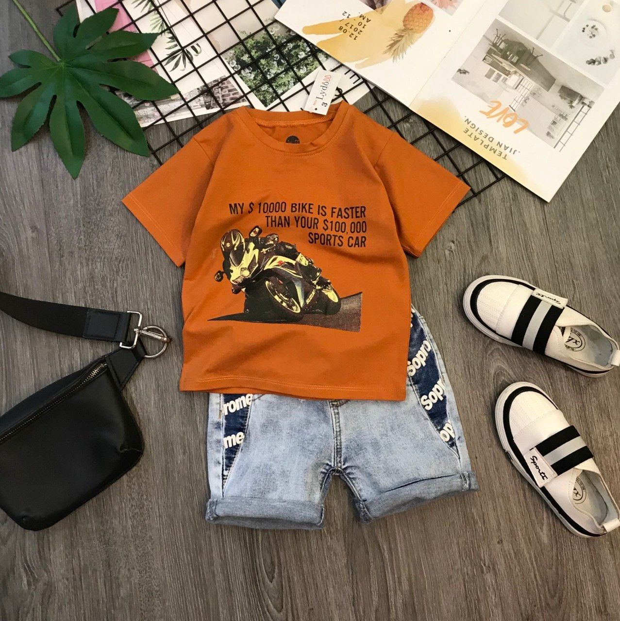 Set jean lửng moto bé trai