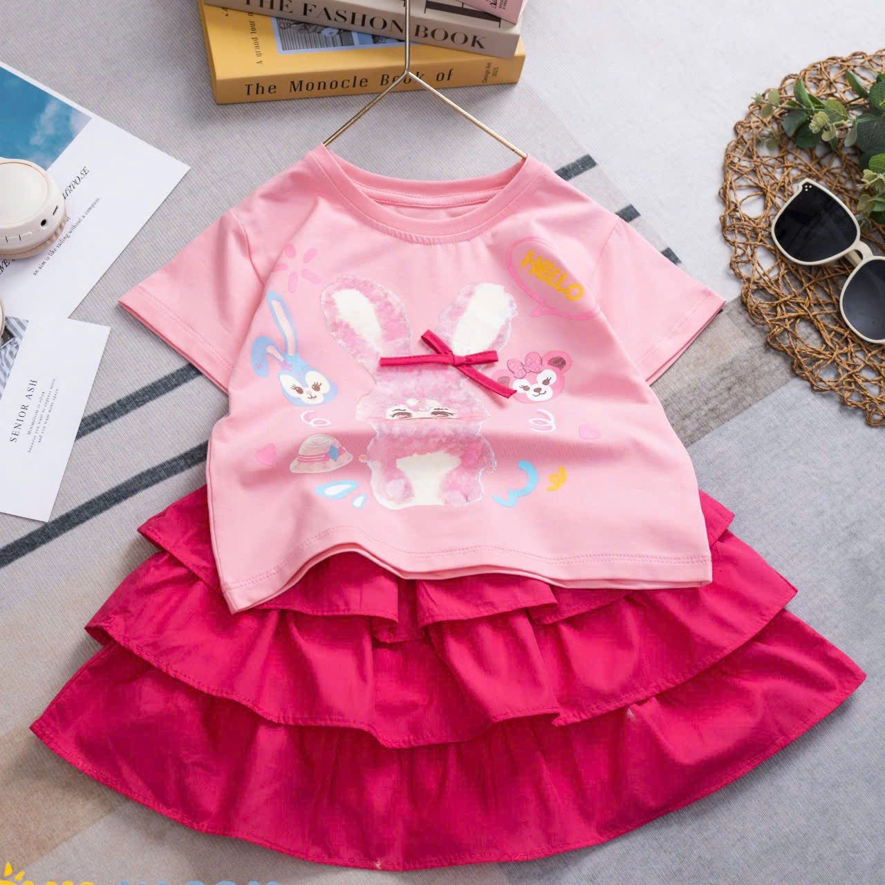 Set váy bé gái 3 tầng phối áo thun họa tiết thỏ đính nơ xinh xắn S36 _ Beekids
