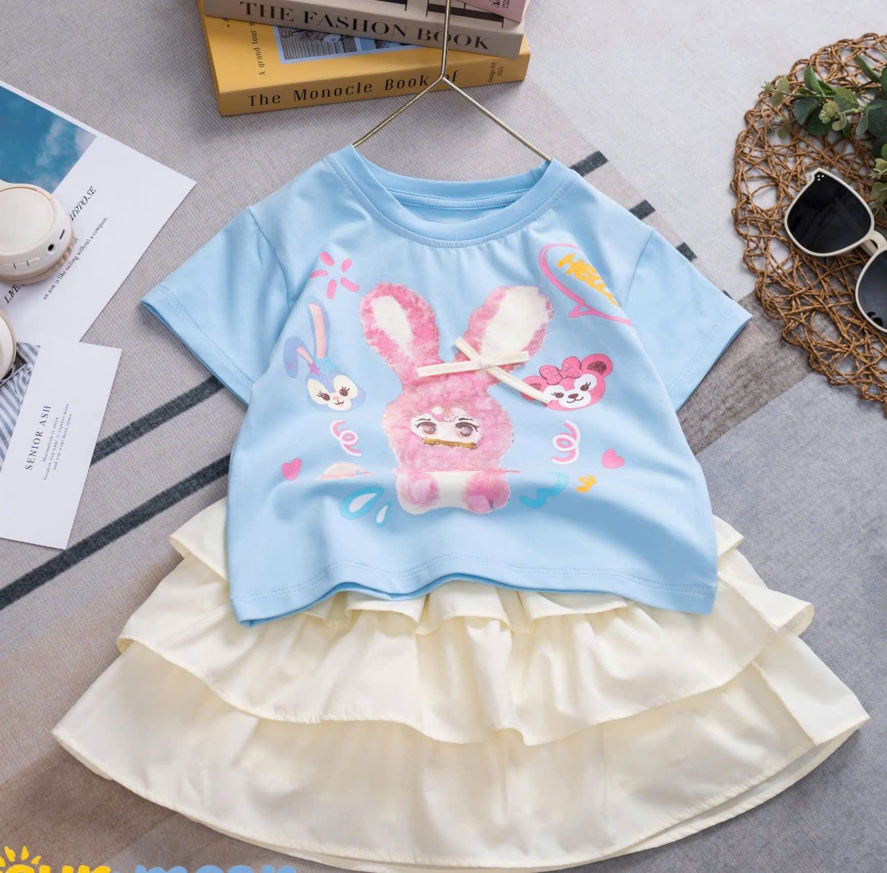 Set váy bé gái 3 tầng phối áo thun họa tiết thỏ đính nơ xinh xắn S36 _ Beekids