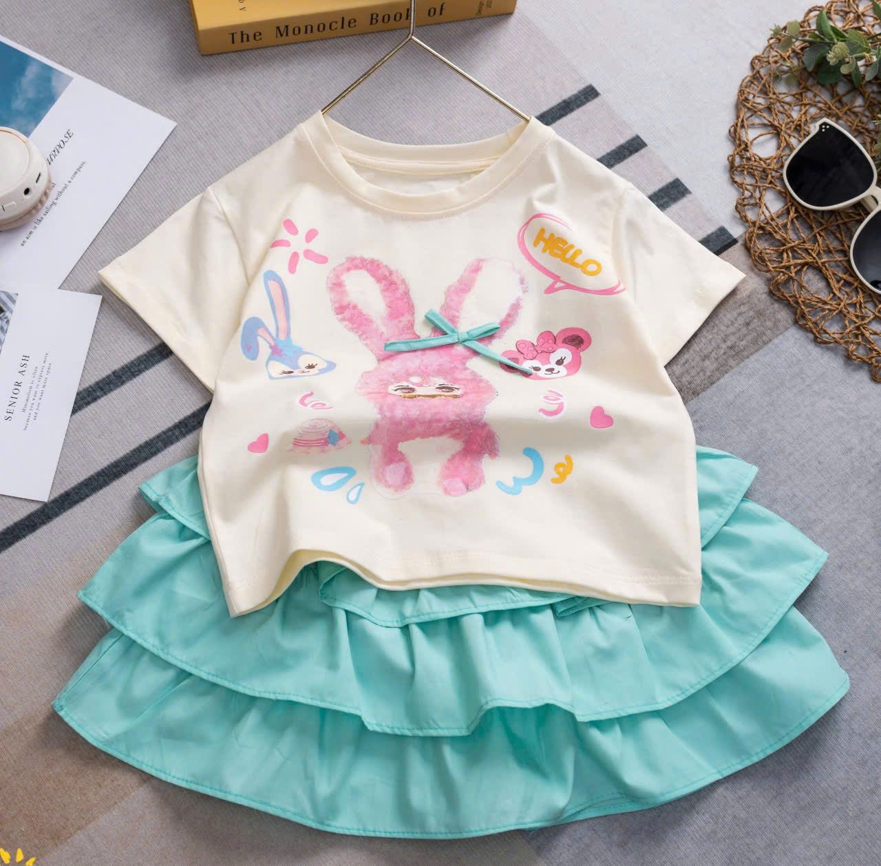 Set váy bé gái 3 tầng phối áo thun họa tiết thỏ đính nơ xinh xắn S36 _ Beekids