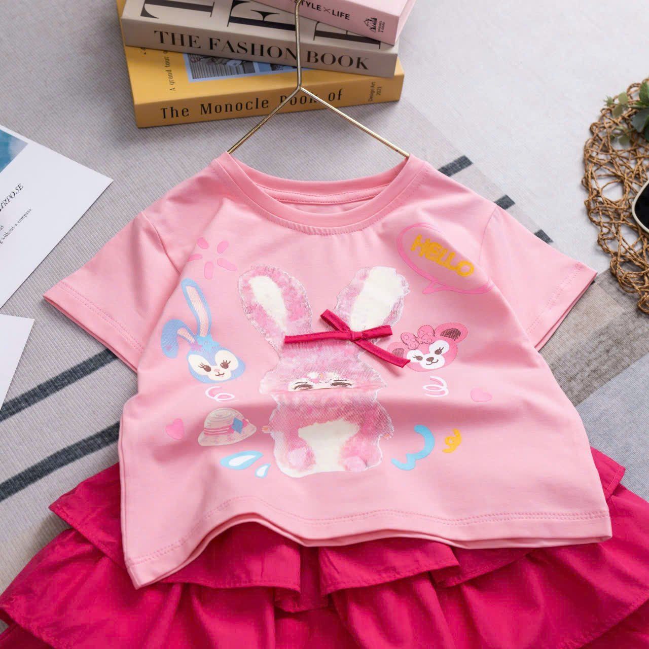 Set váy bé gái 3 tầng phối áo thun họa tiết thỏ đính nơ xinh xắn S36 _ Beekids