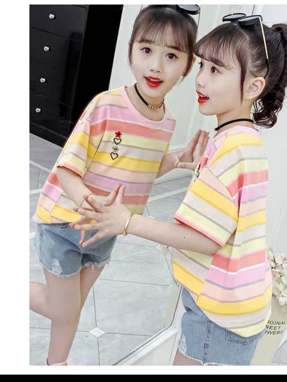 Set short jean áo thun sọc ngang