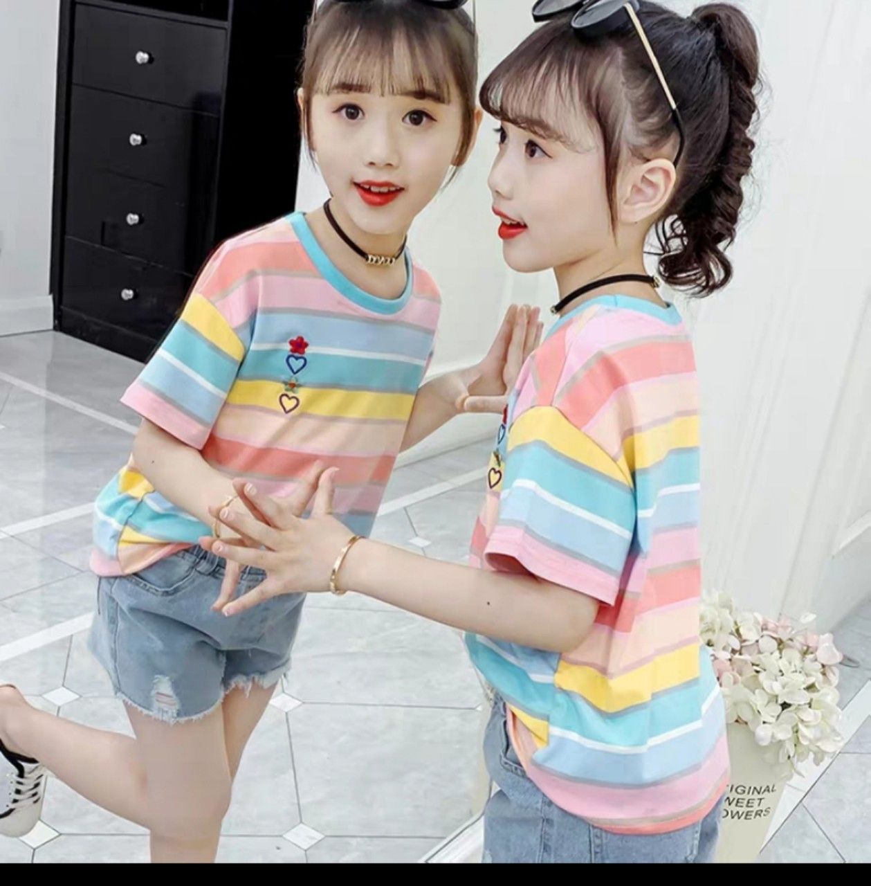 Set short jean áo thun sọc ngang