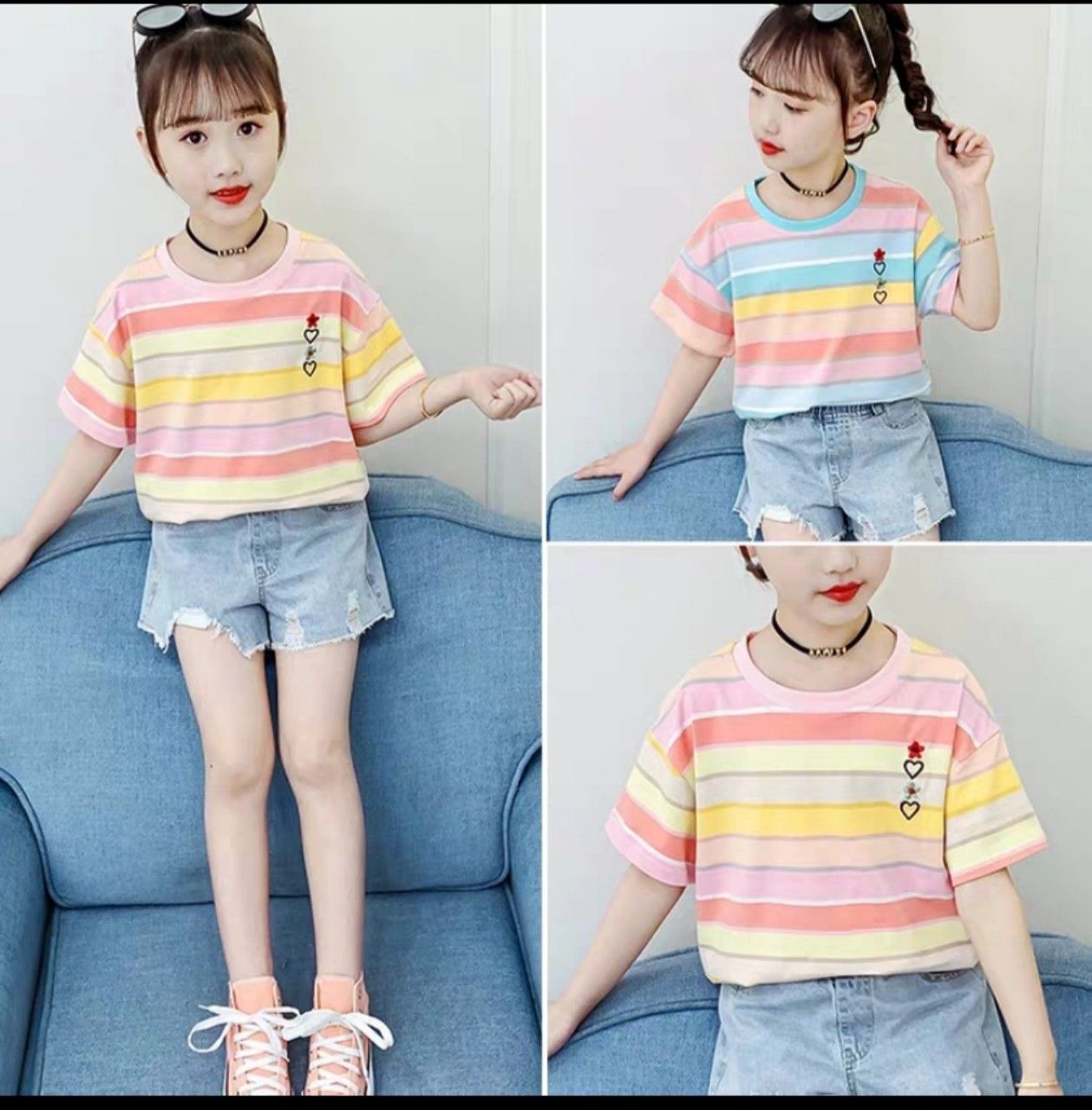 Set short jean áo thun sọc ngang