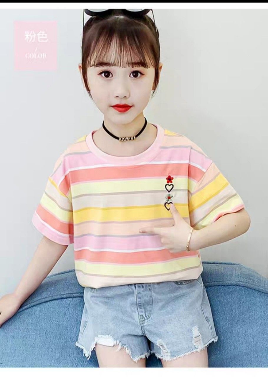 Set short jean áo thun sọc ngang