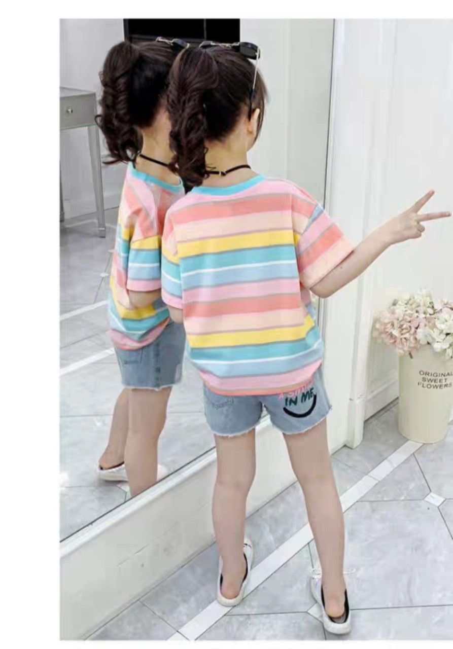 Set short jean áo thun sọc ngang