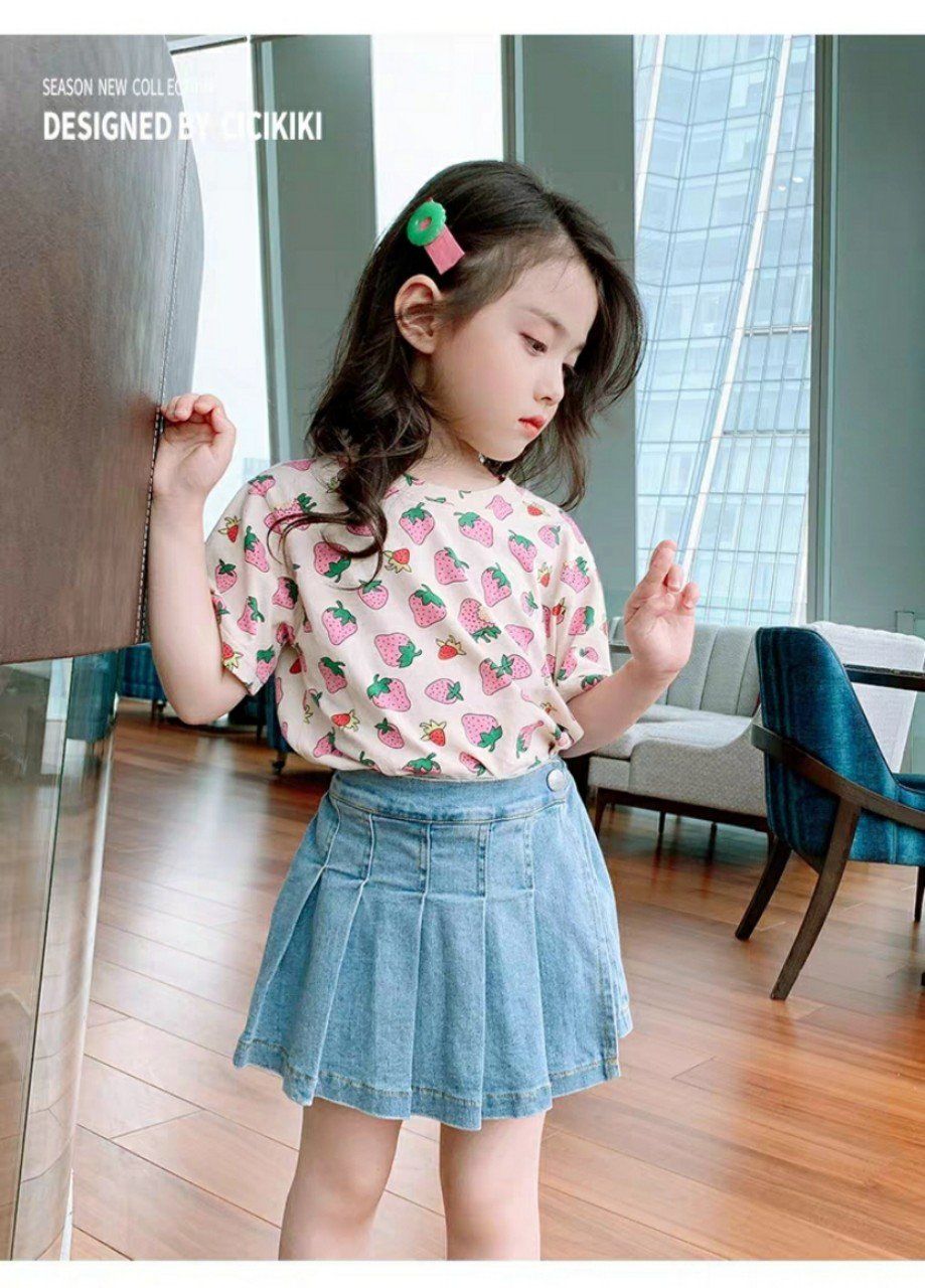 Set jean giả váy trái dâu