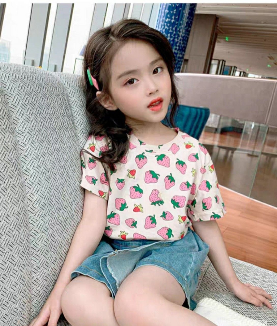 Set jean giả váy trái dâu