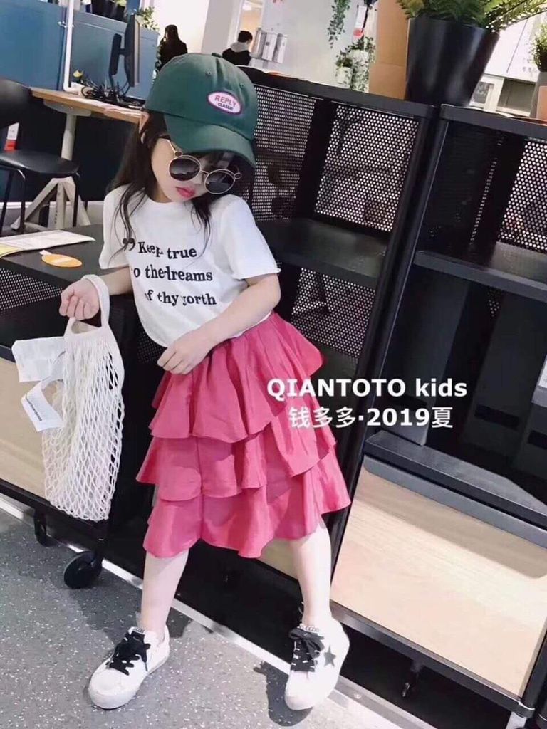 Set áo chân váy tầng hồng bé gái