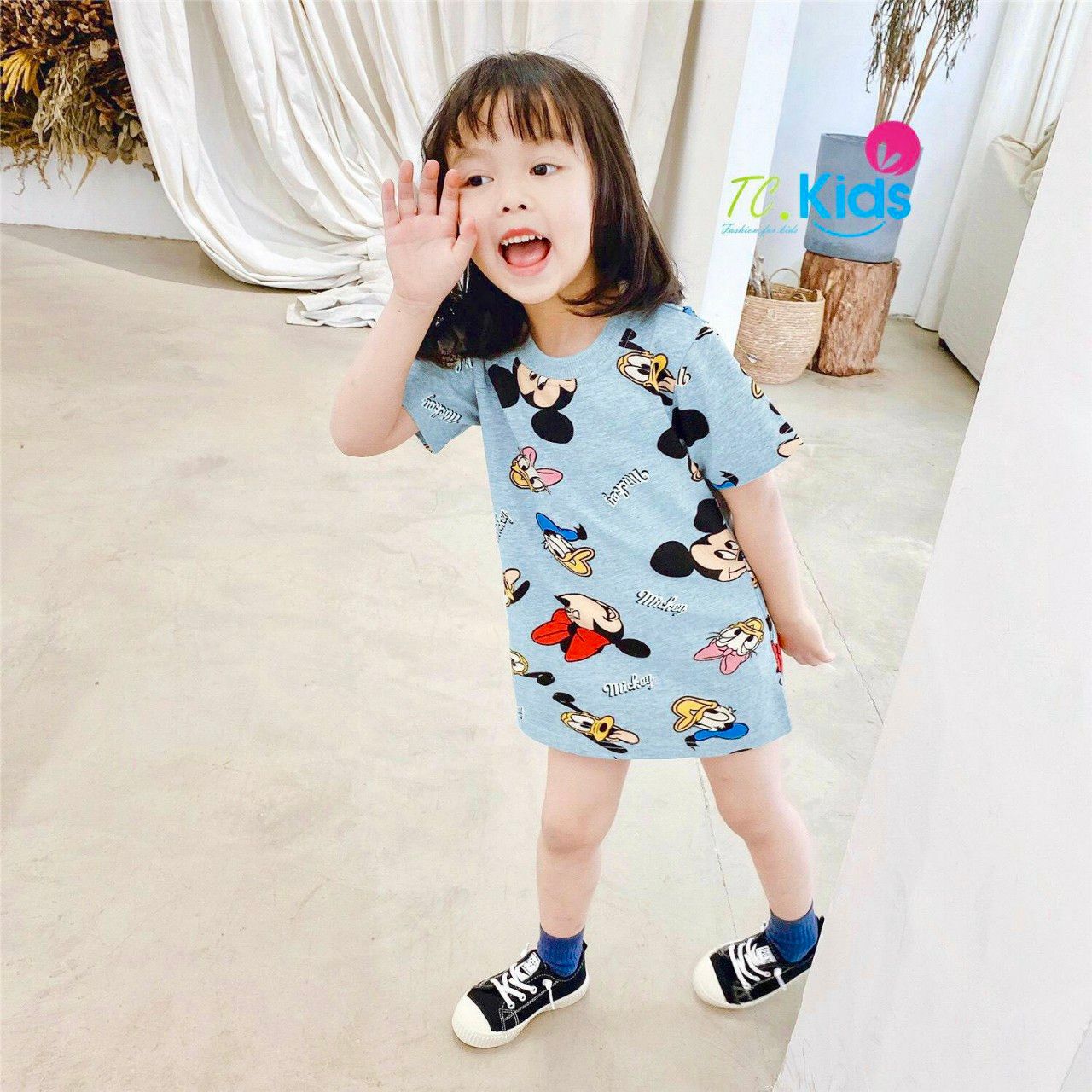 Đầm thun Mickey xanh bé gái