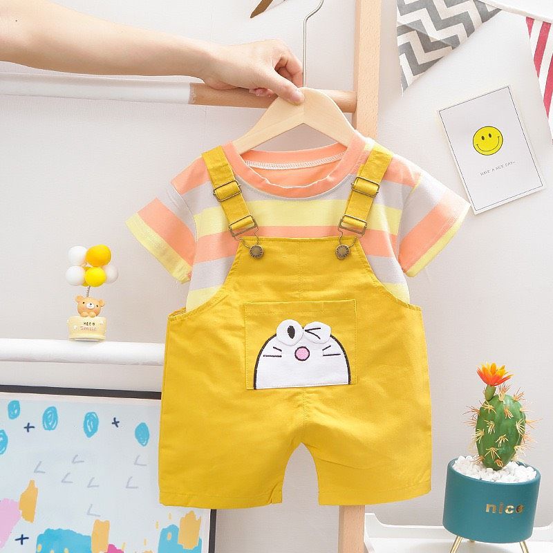 Set áo thun cotton sọc yếm kaki cho bé gái