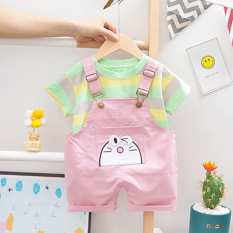 Set áo thun cotton sọc yếm kaki cho bé gái