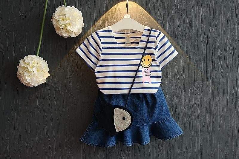 Set áo thun váy sọc bé gái