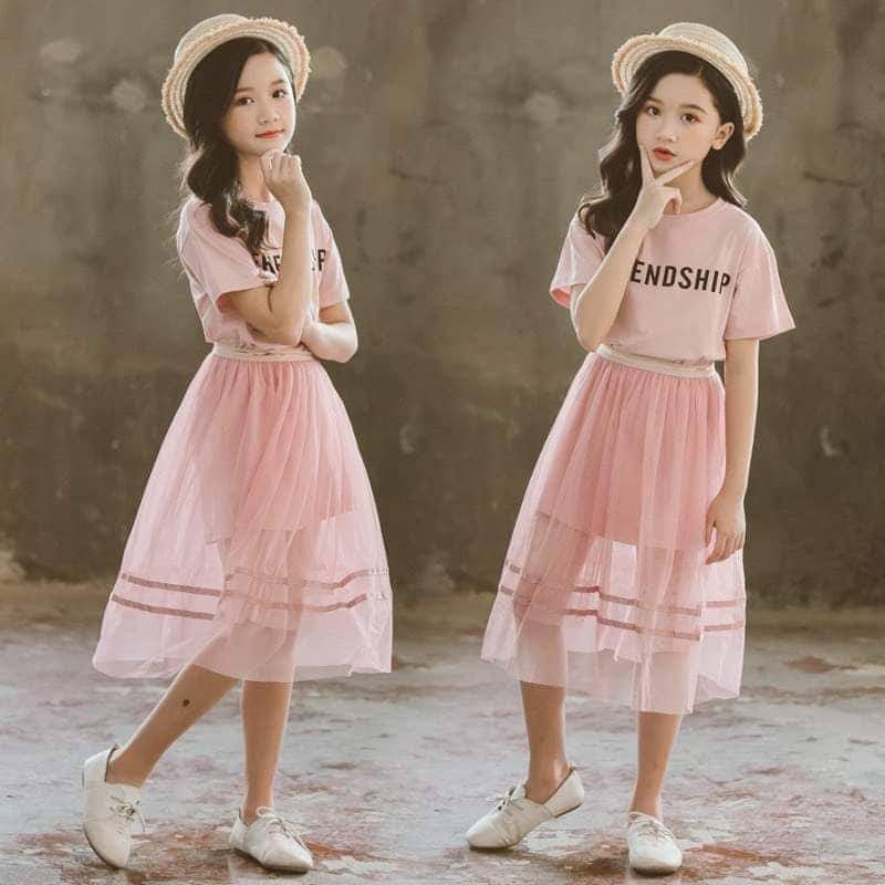 Đầm Friendship phối ren bé gái