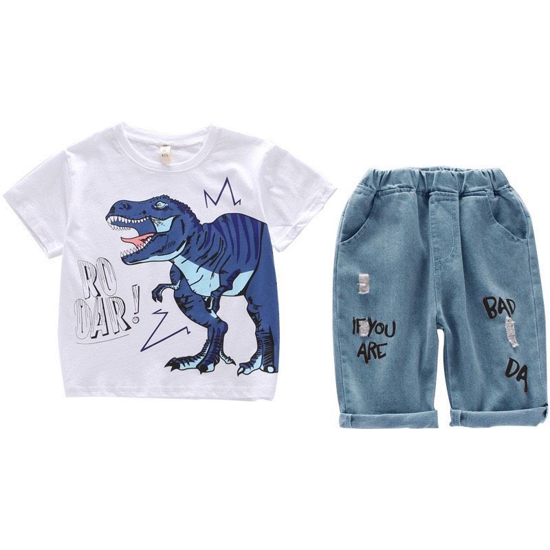 Set jean khủng long trắng bé trai