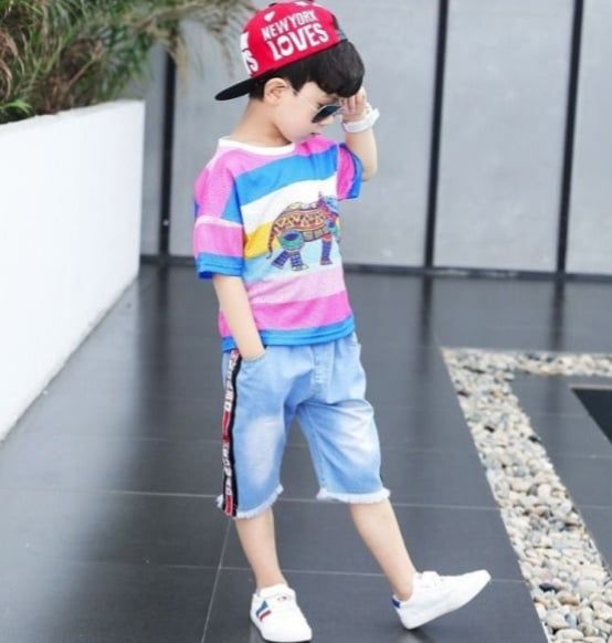 Set jean lửng áo sọc hồng hình voi