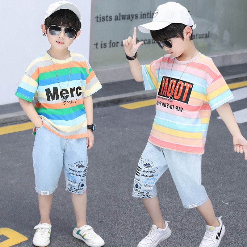 Set jean áo sọc nhiều màu bé trai