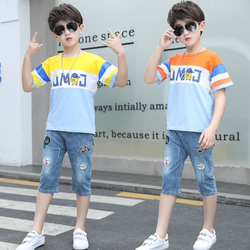 Set jean lửng áo thun bé trai