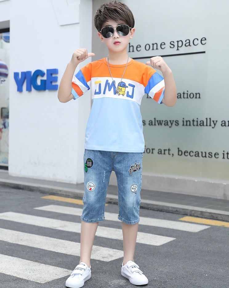 Set jean lửng áo thun bé trai